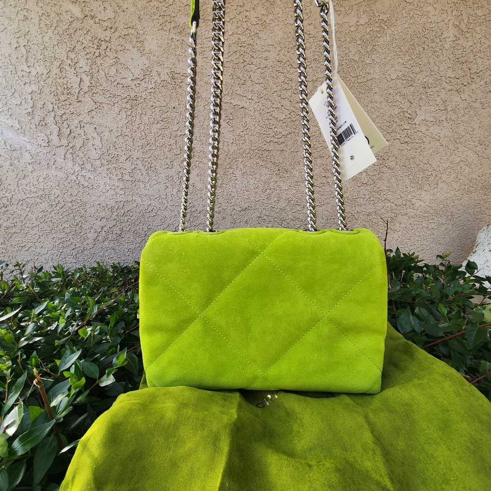 Tory Burch Kira Diamond Quilt Suede Small Shoulder Bag Handbag- Lime Green NWT - Picture 6 of 16